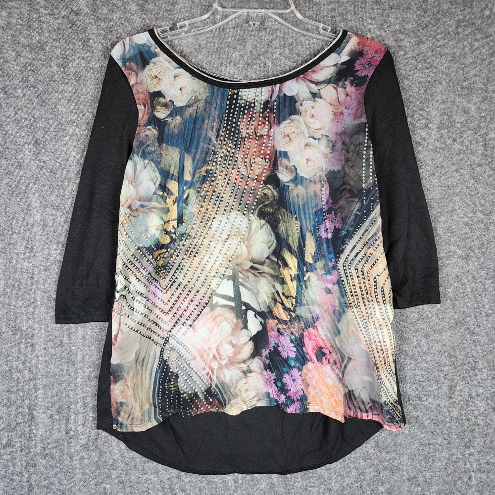Vanilla Sugar Top Women M ED9473 Black Floral Graphic 3/4 Sleeve EUC